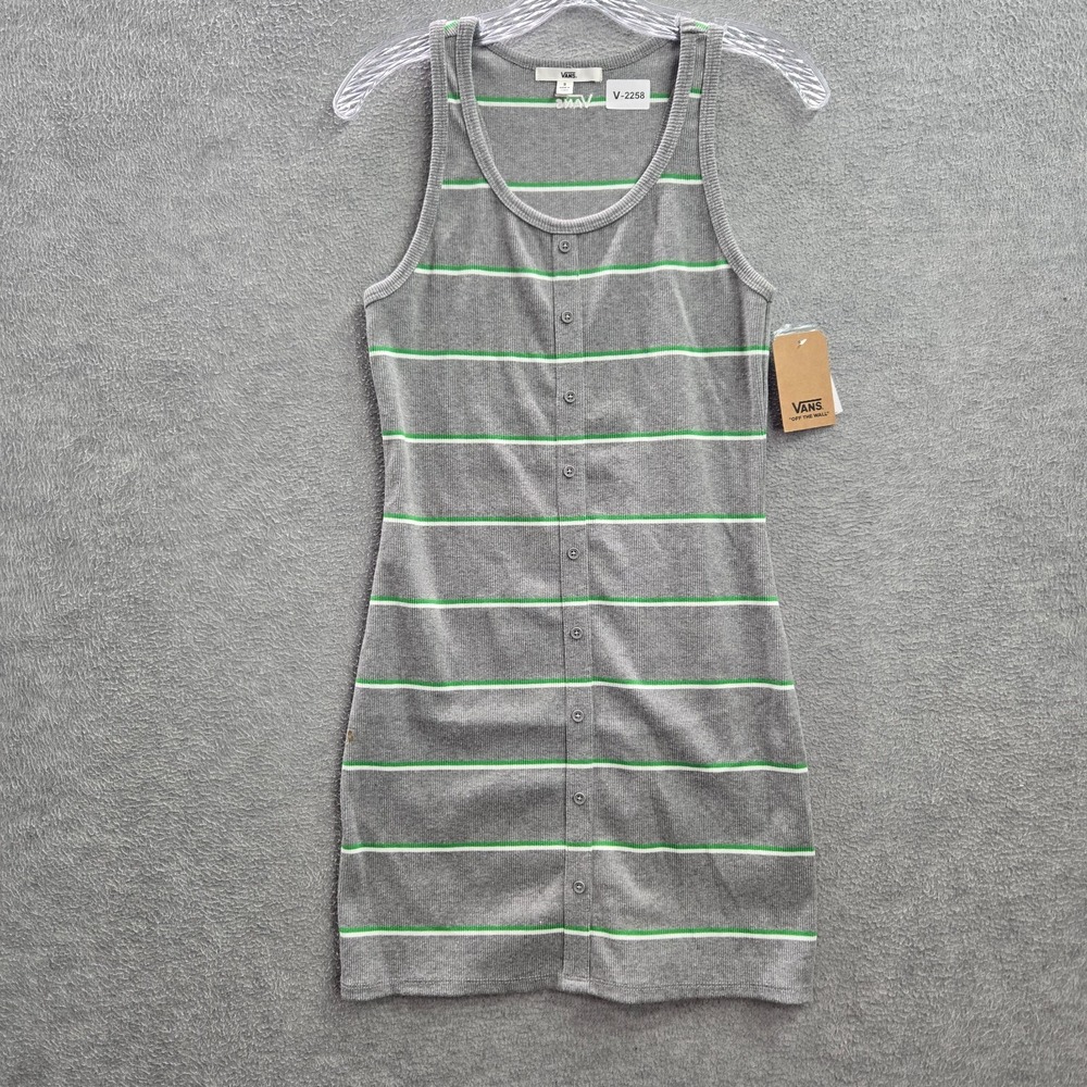 VANS Women Dress Small Gray Striped Button Front Tank Sleeveless Skater NWT